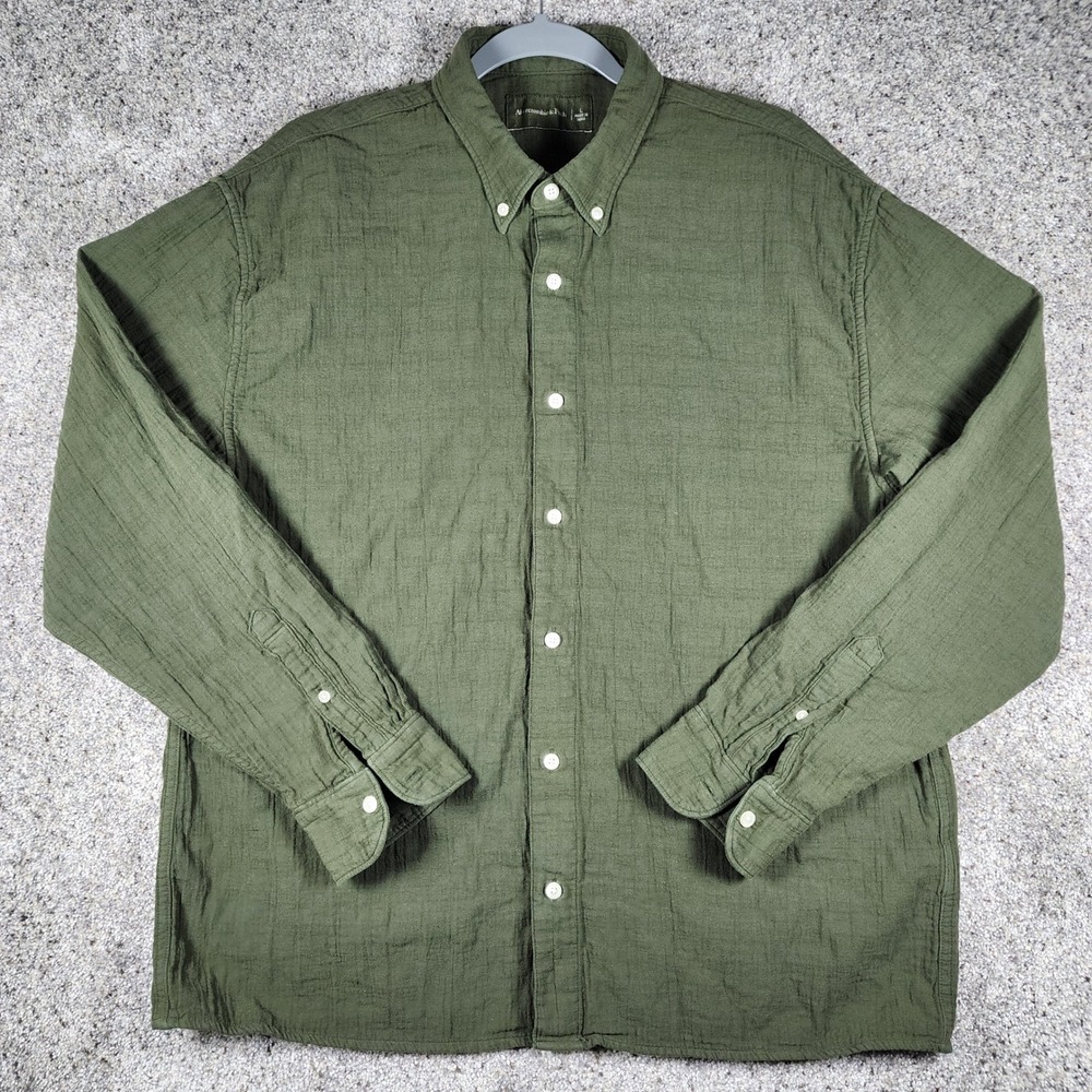 Abercrombie & Fitch Button Down Mens Large Olive Green Cotton Linen Blend EXCL